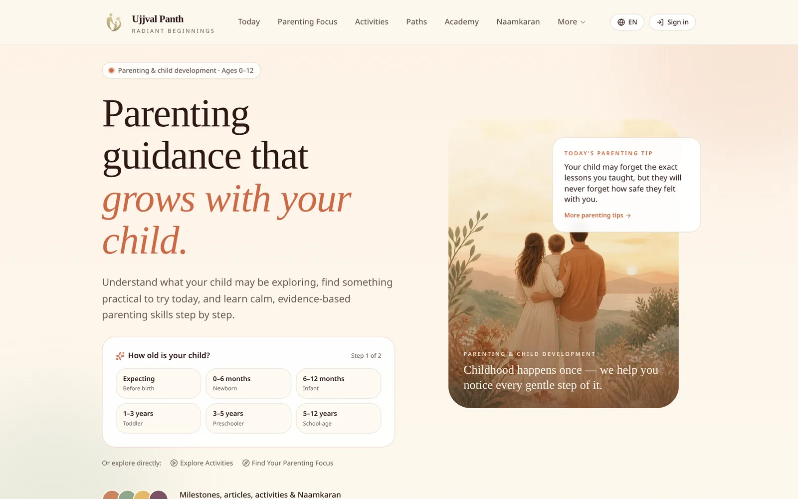 Ujjval Panth homepage: 'Parenting guidance that grows with your child' with an age selector