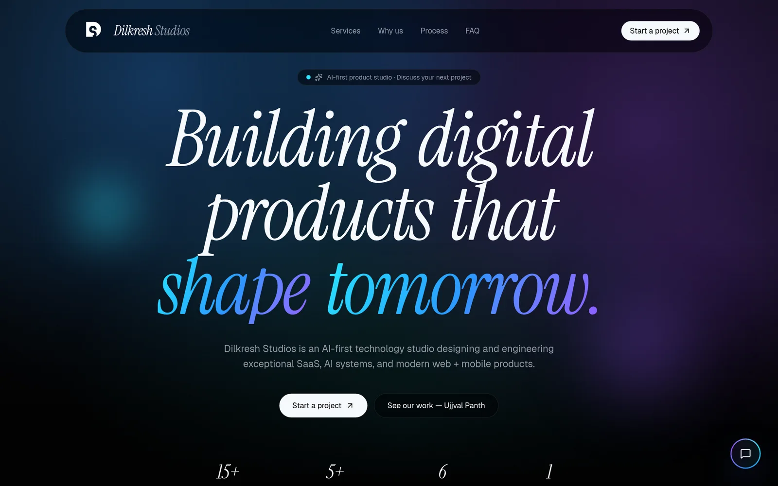 Dilkresh Studios homepage with the headline 'Building digital products that shape tomorrow.'